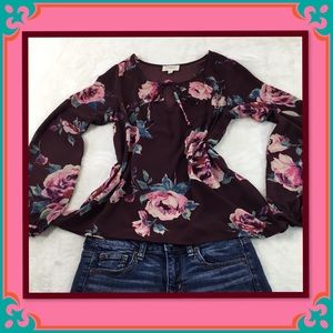 EVERLY/ANTHROPOLOGY WINE AND ROSE FLORAL BLOUSE S